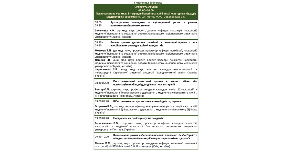 Участь у VІІІ науково-практичній конференції «Психосоматична медицина: наука та практика» з міжнародною участю, присвяченій збереженню ментального здоров’я в Україні